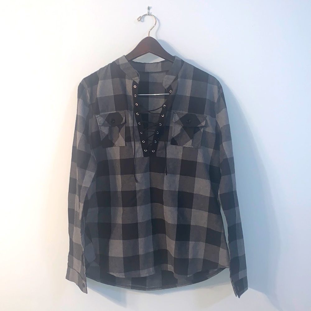 Women's Sexy Lace-up Plaid Printed Shirts Strap Collar Long-Sleeved Blouses Top